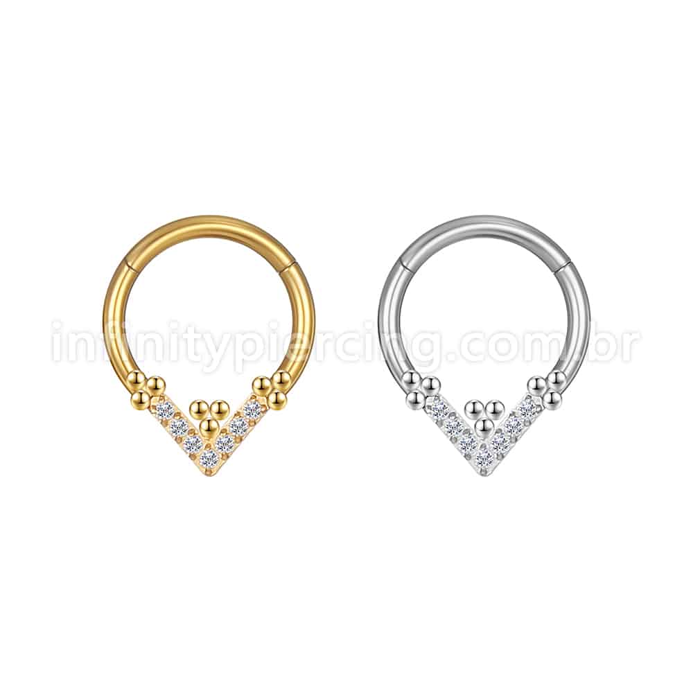 Piercing Argola Aço Cirúrgico Segmento Articulado Detalhe V Zircônia Cravejada